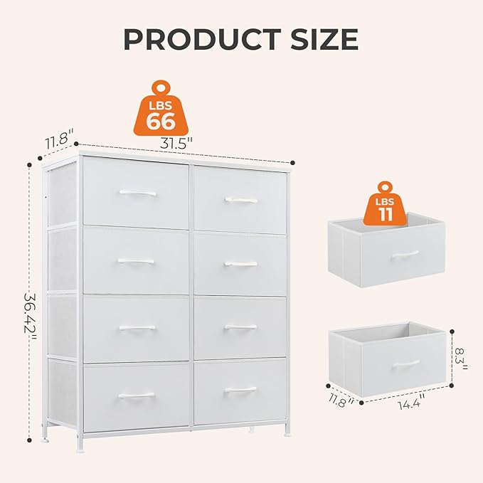 Sweetcrispy Dresser for Bedroom, Chest Organizer Unit with 8 Fabric Bins | Storage Tower, Drawer Organizer with Steel Frame, Wooden Top for Living Room, Closet