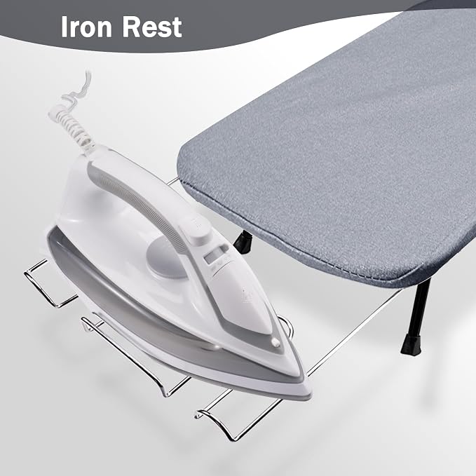 SheeChung Small Ironing Board with Rest,Mini Foldable Iron Board,32" Lx12 W | Metal Mesh Panel,Non-Slip Feet,Heat Resistant Cover & Pad,Hook for Hanging,Tabletop Iron Board for Dorm Apartment Small Space