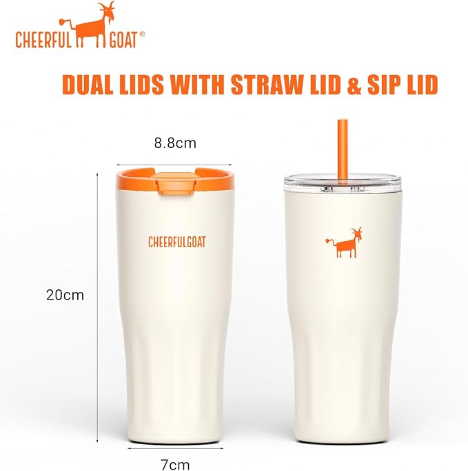 CHEERFUL GOAT Ceramic Lined Coffee Travel Mug – Stainless Steel Travel Coffee Tumbler with Ceramic Liner, with lid, 21 OZ Cup for Hot and Cold Water Coffee at Home, Office, or On the Go (White)