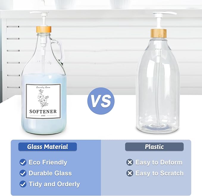 2 Pcs Glass Laundry Detergent Dispenser Bottle, Liquid Laundry Soap Dispenser for Laundry Room, 64oz Detergent Bleach Softener Dispenser for Farmhouse Decor, Includes Bamboo Pumps Tray Funnel Labels