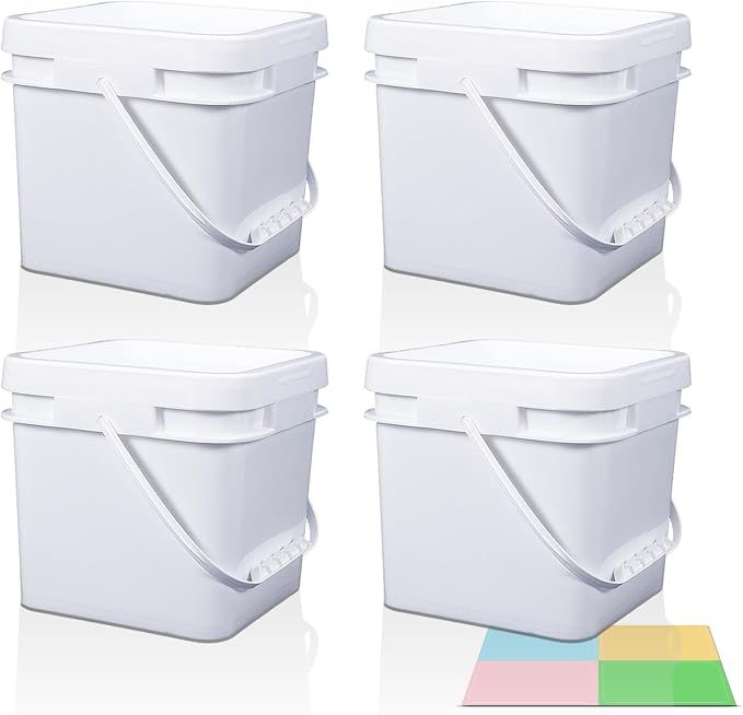 Square Clear Plastic Bucket Set - 4 Packs Airtight Storage Containers with Pressure Lids & Handle, Food Grade for Home & Outdoor (White, 1.3 gal)