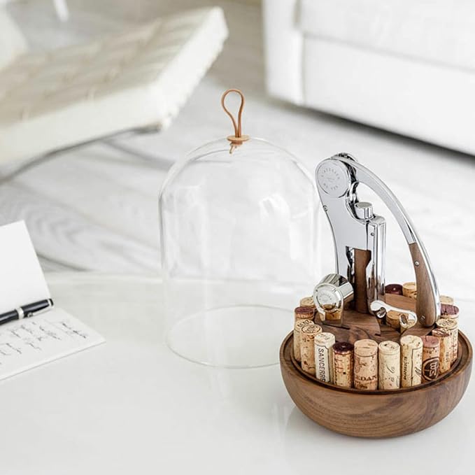 L'atelier Du Vin Oeno Motion Groom Corkscrew & Cork Dome Glass Cloche Display - Tabletop Centerpiece Walnut Wood Base Wine Tasting, Luxury Sommelier Gift Set, Wine Bottle Opener Designed In France