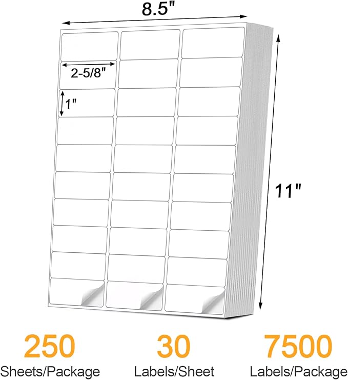 (7500 Pcs/250 Sheets) A4 30 Up Shipping Address Labels, 30 Per Page,1" x2-5/8 Mailing Label, 30-UP White Shipping Labels for Inkjet or Laser Printer,