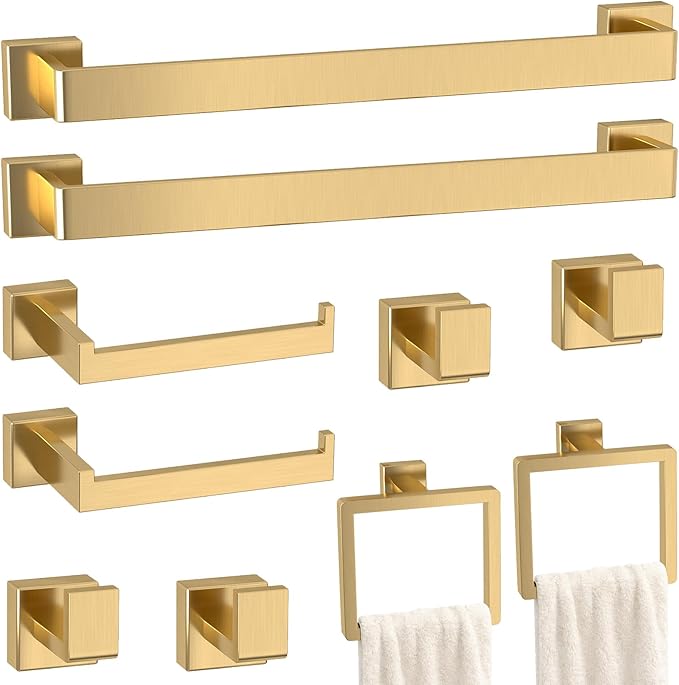 Bathroom Accessory Towel Bar Set: 10 Pieces Gold Square Bathroom Hardware SUS304 Stainless Steel - 24 Inch Wall Mounted Towel Rack&Toilet Paper Holder&Towel Ring and Towel Hook