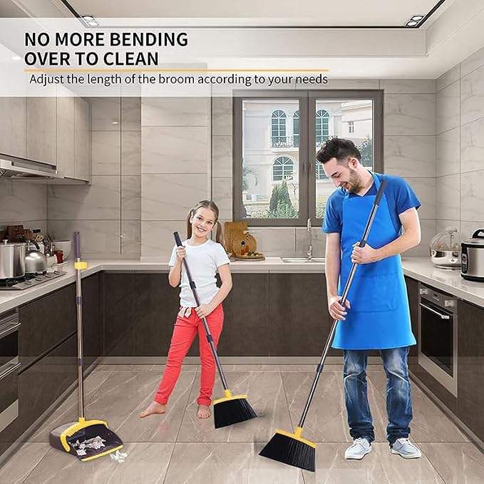 2-Pack is More economical,Brooms with Dustpan Combo Set， with 52" Long Handle, Dustpan Teeth with self-Cleaning Function, Indoor and Outdoor Sweeping, Perfect for Home Office (Large/Yellow/ 2-Pack)