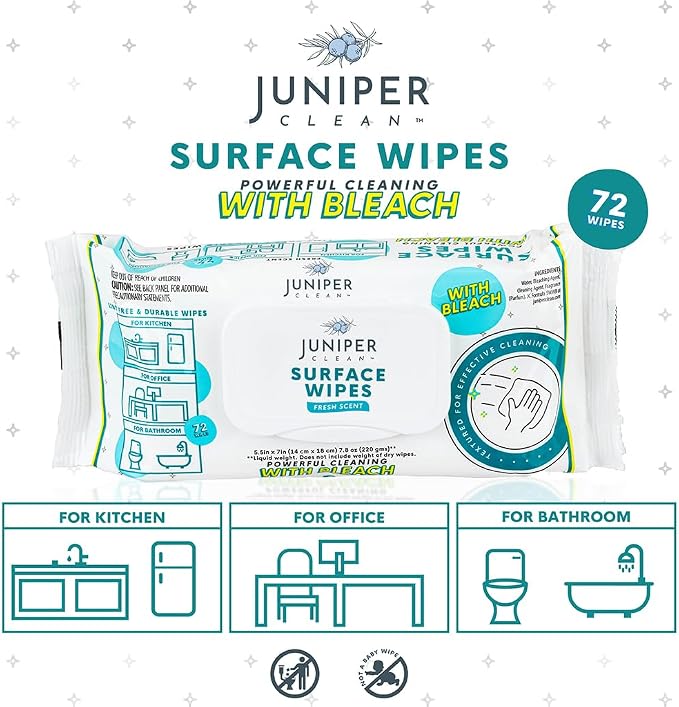 Juniper CLEAN 6 Pack Surface Cleaning Wipes with Bleach, All-Purpose Cleaner for Bathroom, Kitchen, Office, 72 Count Soft Flow, Fresh Scent, Lint Free & Durable