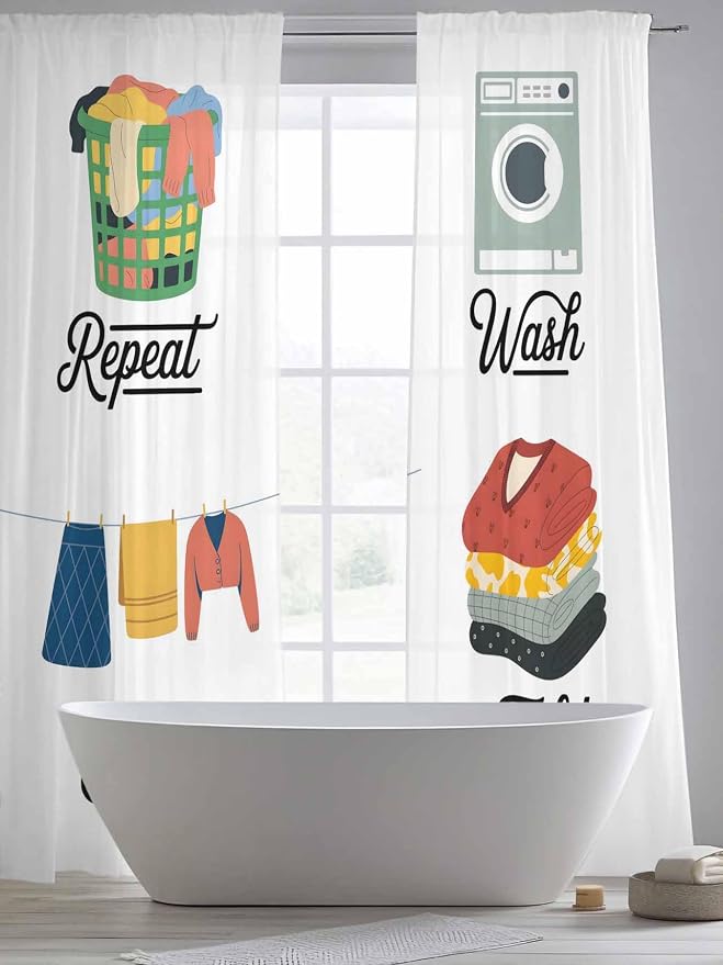 Laundry Room Sheer Curtains 84 Inch Length 2 Panels for Living Room, Wash Repeat Dry Fold Simple Drawn Voile Kitchen Curtain Set, Luxury Privacy Drapes Window Treatment for Bedroom