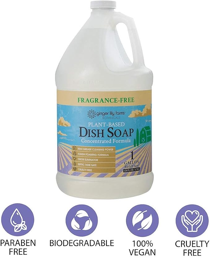 Ginger Lily Farms Botanicals Plant-Based Liquid Dish Soap, Concentrated Formula with Max Grease Cleaning Power, Cruelty-Free, Fragrance-Free, 1 Gallon Refill (128 Fl. Oz.), Clear (Pack of 4)
