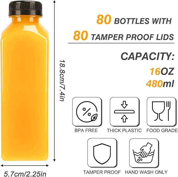TOMNK 80pcs Juice Bottles, 16oz Reusable Plastic Juice Bottles with Caps and Labels, Funnel, Brush Beverage Containers for Juicing, Smoothies, Tea, Milk
