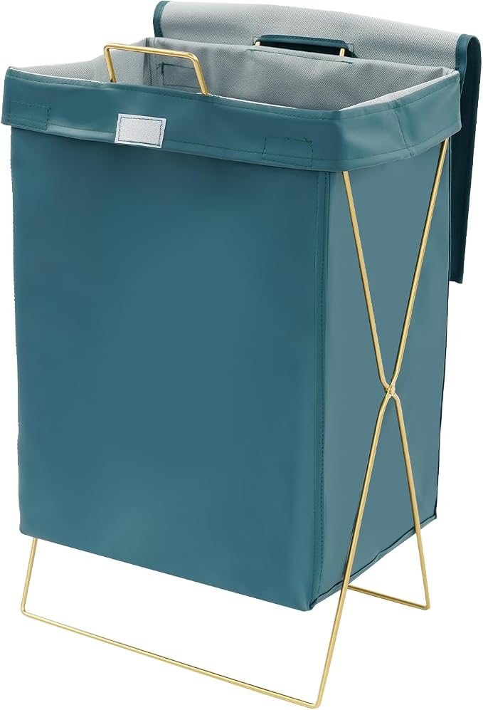 X-Frame Laundry Basket with Lid, Foldable Laundry Hamper, Gold Metal Collapsible Bag Sorter Organizer, Luxury Folding Dirty Clothes Washing Bin (Gold Fram+ Blue Bag)