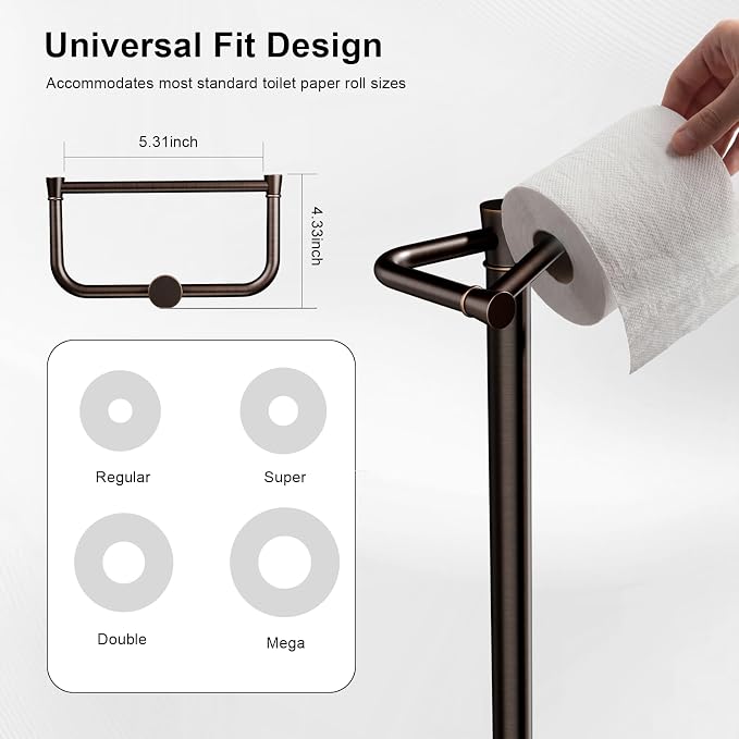 Freestanding Toilet Paper Holder Stand, Heavy Duty Oil Rubbed Bronze Stainless Steel Toilet Paper Holder with Weighted Base, Rustproof & Tool-Free Installation for Modern Bathrooms