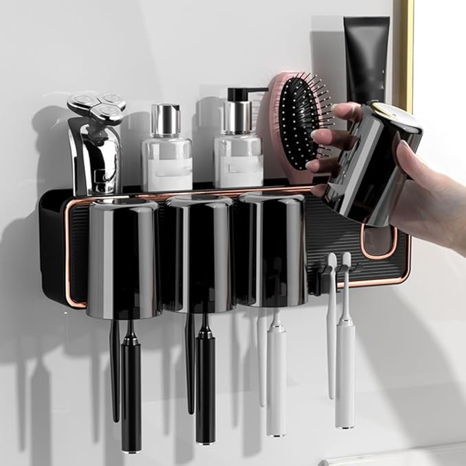 Toothbrush Rack Wall-mounted Hole-free Tooth Cup Holder Bathroom Black and White Transparent Cup Mouthwash Rack Tooth Cylinder Toothpaste Toothbrush Holder Bathroom Toothbrush Holder(A)