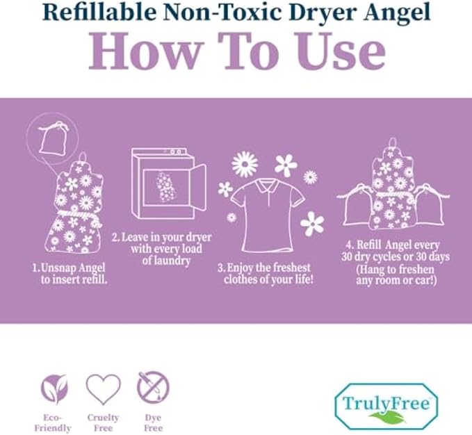 Truly Free Dryer Angel - Natural Dryer Sheet Alt, Non-Toxic Reusable Fabric Softener Booster Sheets, Safe for Babies and Sensitive Skin, Laundry Room Essentials - Germanium Scent - 2 Packs + 2 Refills