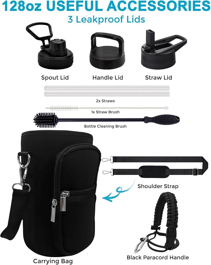 Travel Water Bottle with Carrying Bag, 3 Lids (Spout, Straw, Handle), and Bottle Brush; Leak Proof, Quality, Vacuum Insulated, Stainless Steel (Black, 128 oz)