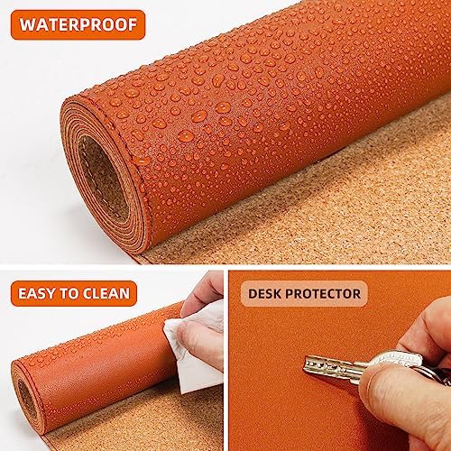 AFIING Desk Mat 47.2" x 17", Leather Desk Pad Protector with Natural Cork & PU Leather, Non-Slip Office Desk Mat, Double-Sided Mouse Pad, Waterproof Large Desk Pad for Office and Home (Orange)