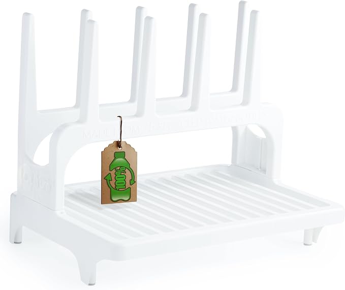 PopYum White Space Saving Drying Rack from 100% Recycled Bottles | Space Saving, Made from 100% Recycled Bottles, Countertop for Baby Bottles, For Plastic Bags, Cups, Glass, Tumblers, Compact