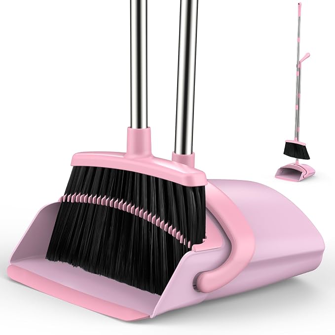 Broom and Dustpan Set for Home, 51-in Long Adjustable Handle Angle Broom and Dustpan Combo Set with Dust Pan Teeth to Clean Hair for Home Kitchen Office Lobby Floor Garden, Pink