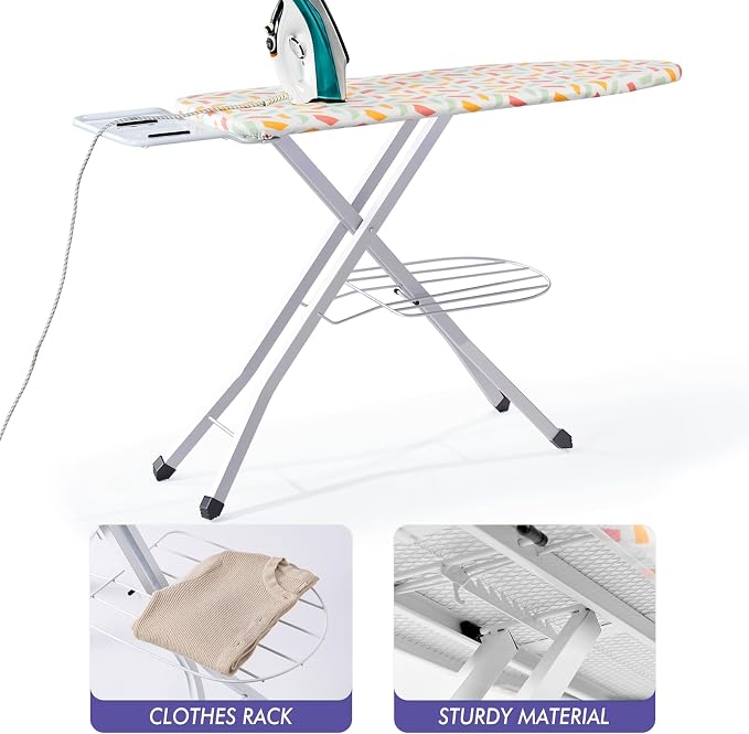 BKTD Ironing Board, Heat Resistant Cover Iron Board with Steam Rest, Non-Slip Foldable Ironing Stand. Heavy Sturdy Metal Frame Legs Iron Stand(13 * 34 * 53 Inches) (Geometric White)