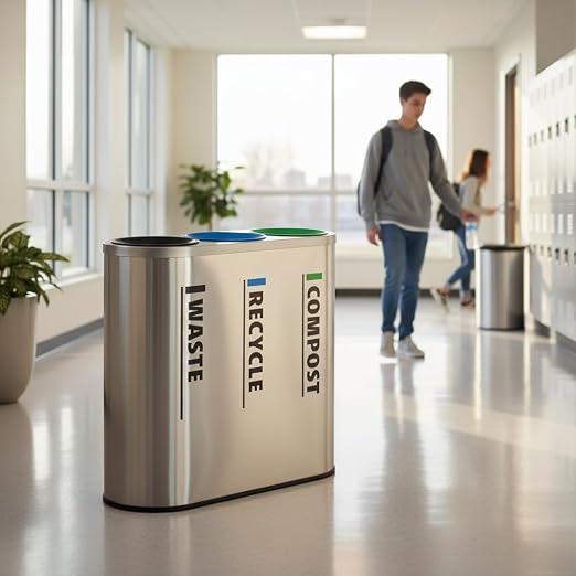 33 Gallon Stainless Steel Triple Stream Indoor Recycling Station, 3 Compartment Waste Sorting Bin with Separate Trash Recycle Compost Sections, Commercial Decorative Waste Container