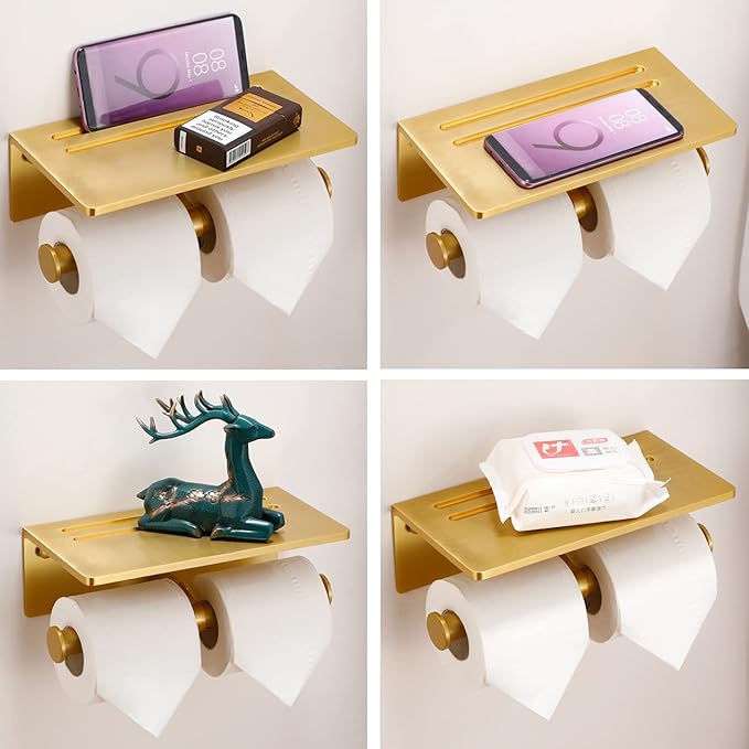 Double Toilet Paper Holder with Shelf, Commercial Toilet Paper Roll Dispenser Wall Mount with Cell Phone Storage Rack, Aluminium Fits Mega Roll Dual Toilet Paper Tissue Holder Brushed Gold