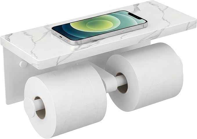 FORIOUS Toilet Paper Holder with Shelf, Marble Wall Mount Tissue Roll Holder for Bathroom, Washroom, 304 Stainless Steel Double Commercial Toilet Tissue Dispensers with Phone Shelf, White