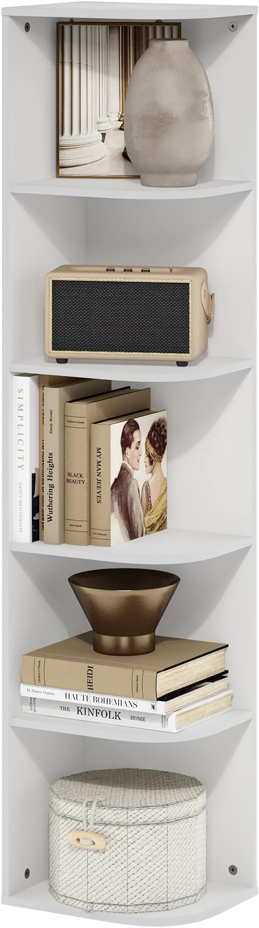 Furinno PASIR Book Shelf, 5-Tier Corner Bookshelf with Open Shelf, Standing Bookcase, 9.3 x 12 x 51.7, for Organization and Storage, for Living Room, Bedroom, Home Office, White