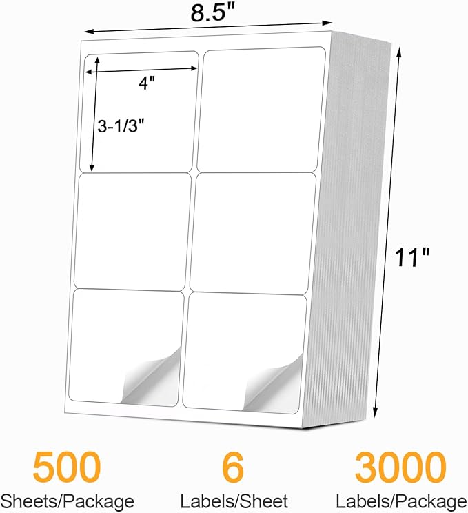 [500 Sheets 3000 Pcs] 6-UP 4''x3-1/3'' Shipping Labels for Laser & Inkjet Printers, A4 6 UP Shipping Mailing Stickers, 6 Pcs Per Page Shipping Labels,8.5"×11" White Stickers for Printer