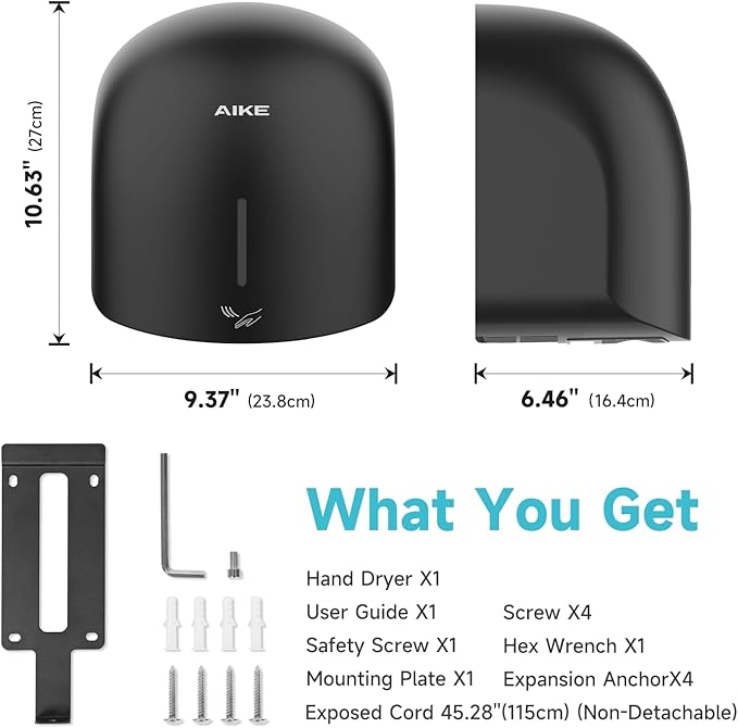 AIKE GentleAir Warm Hand Dryer,Low Noise Perfect for Home Bathrooms,Black Cover AC110V-130V,Model AK2637