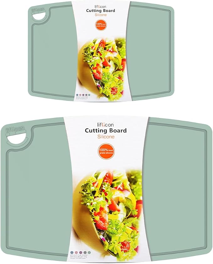 Thick Cutting Boards for Kitchen Silicone Chopping Board Set of 2 Mid 12.6'' x 9.1”,Mini 9.1”x7.1” Non-slip Deep Drip Juice Groove Easy Grip Handle,Dishwasher Safe-Light Green
