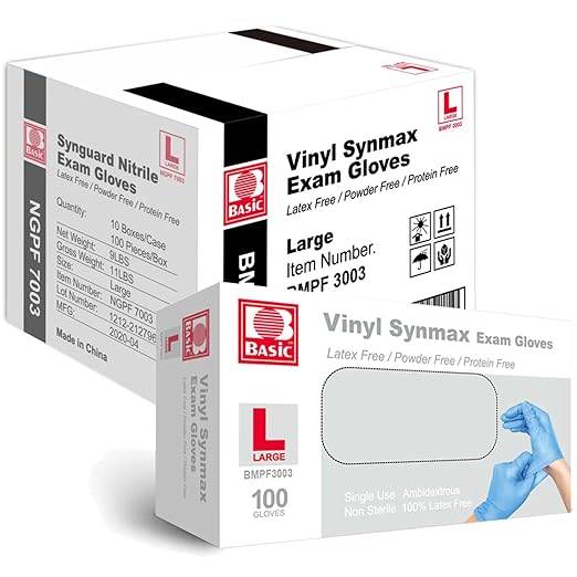 INTCO Basic Medical Synmax Vinyl Exam Gloves,Disposable Gloves - Latex-Free & Powder-Free for Medical,Cleaning,Food Safe- Large, BMPF-3003(Case of 1000,Blue)