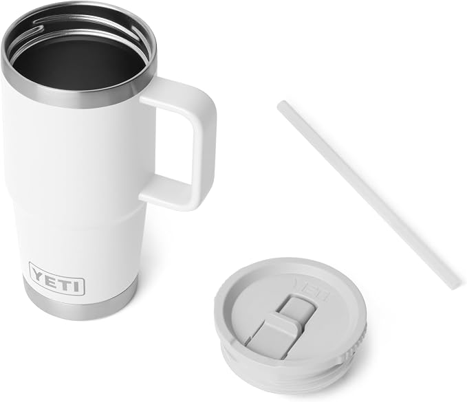 YETI Rambler 20 oz Travel Mug with Flip Straw Lid – Stainless Steel, Vacuum Insulated, Leakproof, Cup Holder Friendly, White
