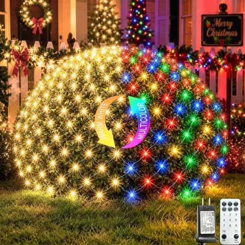 360 LED Net Lights Dual Color Changing, 21ft x 5ft Christmas Net Lights Outdoor Green Wire 11 Modes, Waterproof Connectable Mesh Lights for Bushes Garden Holiday Party (Warm White & Multicolor)