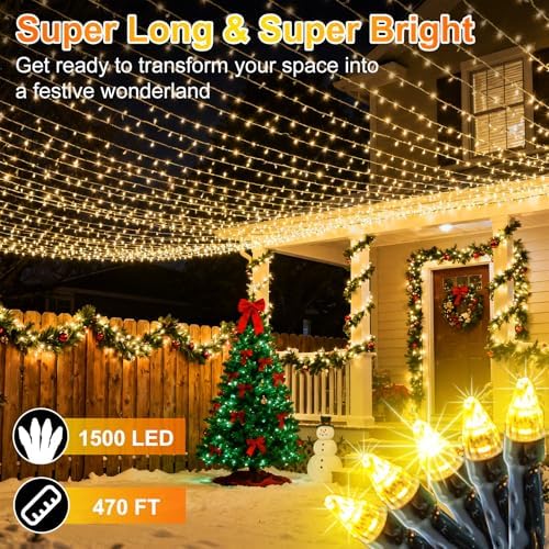 1500 LED 470FT Christmas String Lights Outdoor, 12 Modes with Timer, Memory