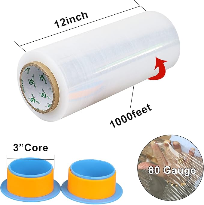 BOMEI PACK Clear Stretch Wrap Industrial Strength 12" x 1000 Ft 3 Pack - 80 Gauge Thick - Clear Plastic Cling, Stretch Film Rolls for Packaging Moving Packing Pallets