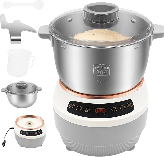 5L/169.09Oz Electric Dough Maker, 200W Household Dough Mixer Machine Complete Kit,170Rpm 304 Stainless Steel Commercial Tabletop Stand Mixers w/Measuring Cup, Measuring Spoon (Silver)