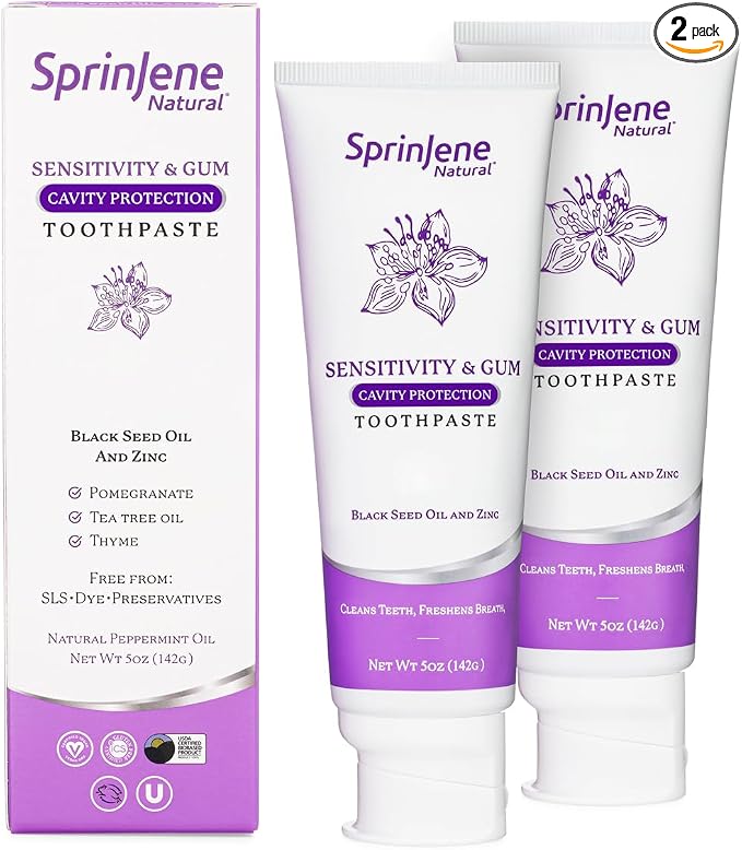 SprinJene Natural Sensitivity & Gum, Fluoride Toothpaste for Sensitive Teeth | Natural Toothpaste for Cavity Protection | 2 Pack