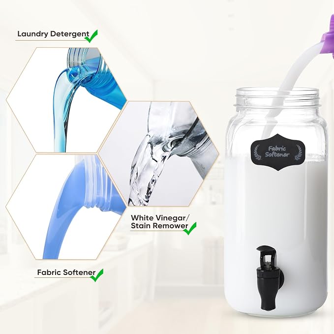 Liquid Laundry Detergent Dispenser, Three 2.2L Laundry Detergent Dispenser Glass Jar for Liquid Detergent, Fabric Softener- Laundry Soap Dispenser for Laundry Room Organization
