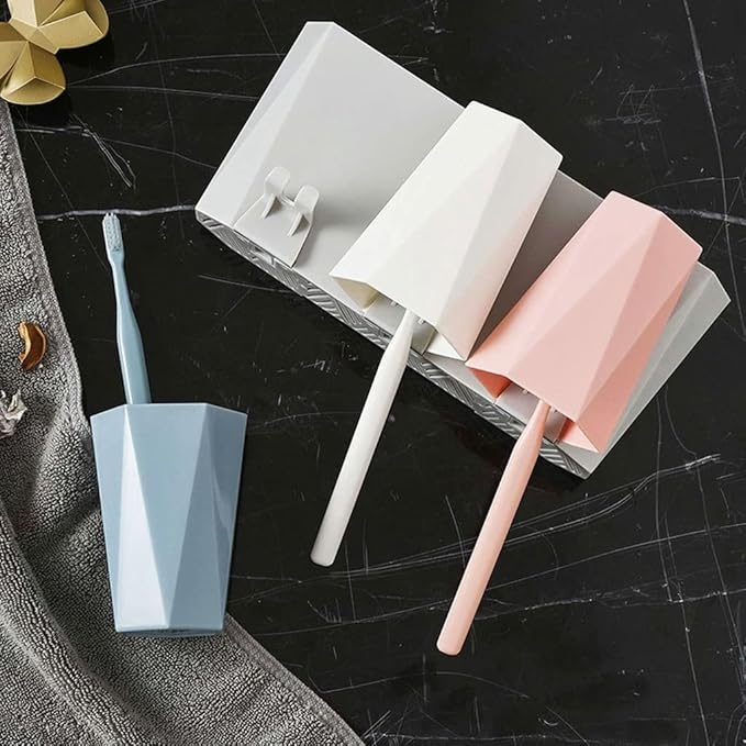 Toothbrush Rack Wall-Mounted Toothbrush Holder Hole-Free Bathroom Storage Rack with Three Sinks and Cups for Toothpaste and Makeup Bathroom Toothbrush Holder(C)