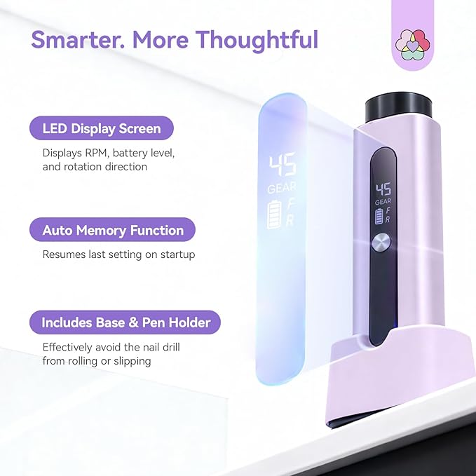 SAVILAND 45000RPM Nail Drill: 30s Stable & Fast Removal of Hard Thick Nails Electric Nail File Long Battery Life Nail Filer Electric Smart and Portable for Acrylic Nails Dip Nails Home DIY