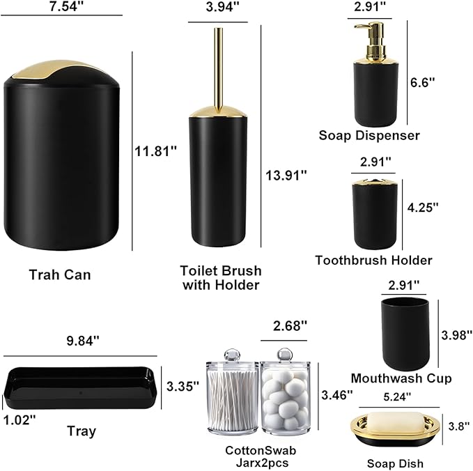 9 Pieces Black Bathroom Accessories Set, Gorgeous Gold Bathroom Set, Trash Can, Toilet Brush, Soap Dispenser and Toothbrush Holder, Soap Dish, Tumber, Qtip Holder, Tray, Sink Countertop Set Decor
