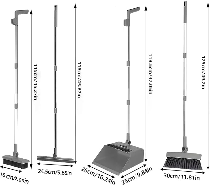 4 in 1 Multifunctional Broom and Dustpan Combo Set with 44" Long Handle, Squeegee and Cleaning Brush,for Clean Home Kitchen Bathroom Office,Indoor Outdoor,Pet Hair,Bathtub and Glass(Grey)