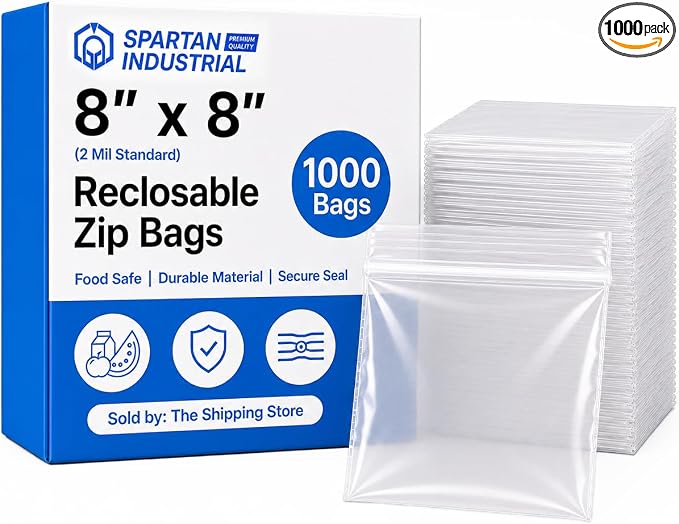 Spartan Industrial - 8” X 8” (1000 Count) 2 Mil Clear Reclosable Zip Plastic Poly Bags with Resealable Lock Seal Zipper