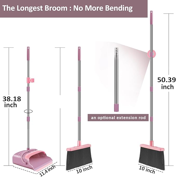 Broom and Dustpan Set for Home, Office, Indoor&Outdoor Sweeping, Stand Up Broom and Dustpan (Pink)