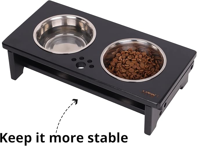 HTB Elevated Dog Bowl Stand with 2 Stainless Steel Bowls-4" H Small Black | Raised Dog Bowl Stand, 4"tall, 21 Oz Bowls, for Small Sized Dogs, Pet-safe, Solid Bamboo