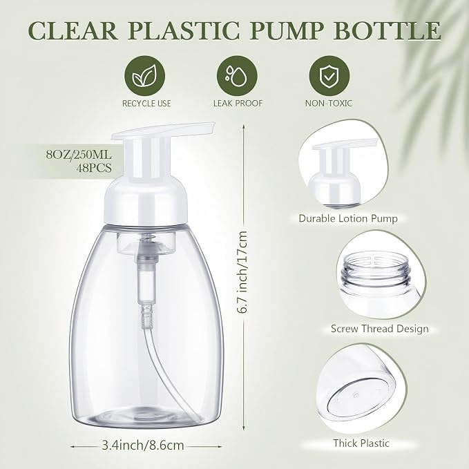 Nuenen 48 Pieces 8oz Foaming Soap Dispenser Refillable Foaming Pump Bottles Bulk Travel Hand Soap Dispenser Plastic Press Bottles Empty Containers for Shampoo Bathroom Commercial(White)