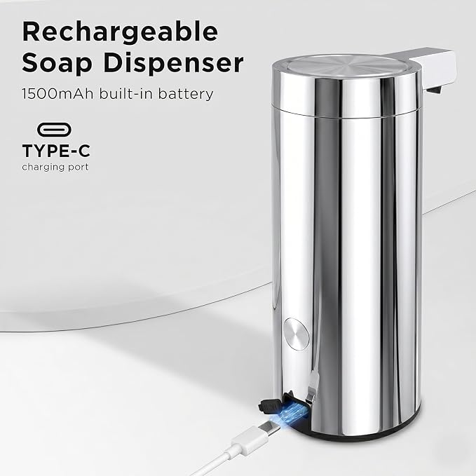 Newise Automatic Soap Dispenser with 3 Adjustable Dispensing Modes, 9 oz Touchless Sensor Stainless Steel, Rechargeable Hand Liquid Soap Dispenser for Kitchen & Bathroom, Chrome Metallic