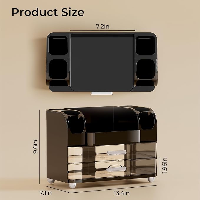 UFORU Makeup Organizer for Vanity with 2 Large Drawers, Cosmetic Display Case with Brush Holders, Easy to Storage for Bathroom Countertop Skincare, Perfume, Black