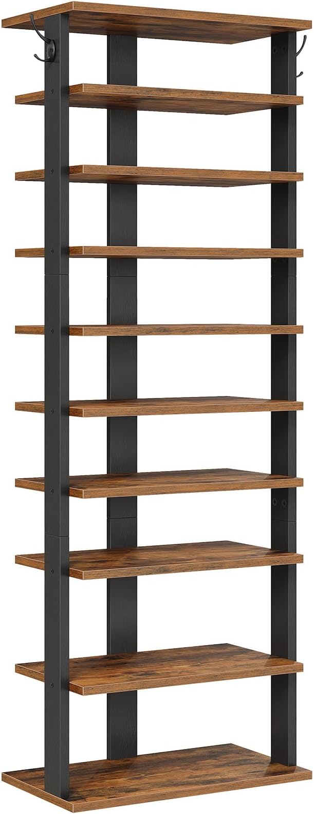 HOOBRO 10 Tiers Vertical Shoe Rack, Wooden Shoe Storage Organizer with Hooks, Narrow Shoe Tower for 20 Pairs, Space Saving, for Entryway, Living Room, Bedroom, Rustic Brown FG140XJ01