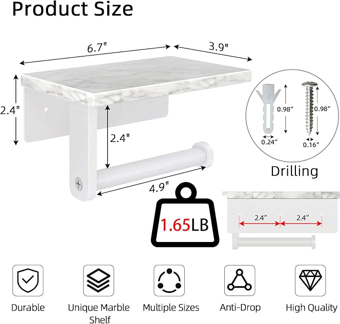 Gypie Toilet Paper Holder with Natural Marble Shelf, 304 Stainless Steel Screw Wall Mounted, Tissue Roll Paper Holder Dispenser for Bathroom Washroom White