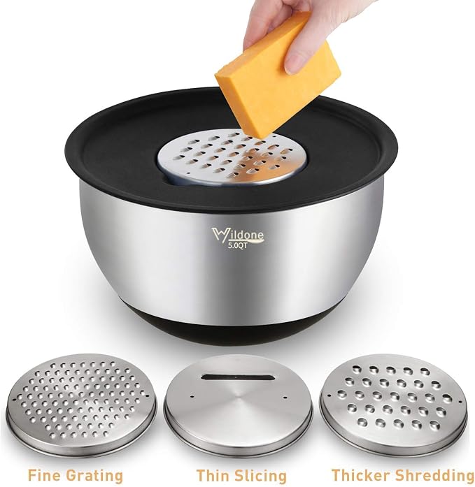 Wildone Stainless Steel Mixing Bowls Set with Airtight Lids, 3 Grater Attachment & Non-slip Bottoms and Multicolor 16 Piece Measuring Cups and Spoons Set